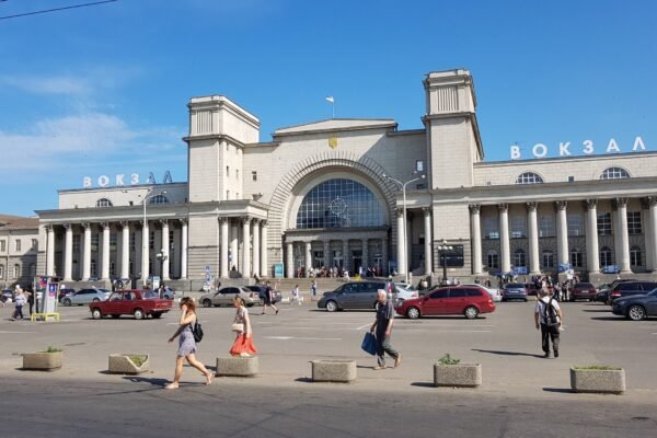 Dnipro's main railway station, Dnipro-Holovnyi, photographed in 2019.