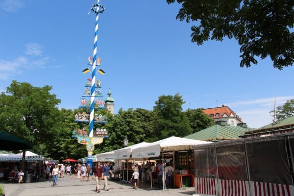 Stalls at Viktualienmarkt food market in Munich, Germany.