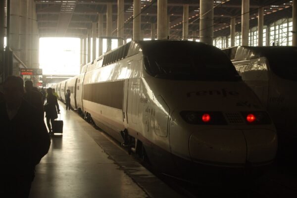 A Renfe AVE high-speed train at Madrid Atocha station in Spain.