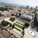 Independence Square in Dakar, Senegal, with the port and the island of Gorée in the background.