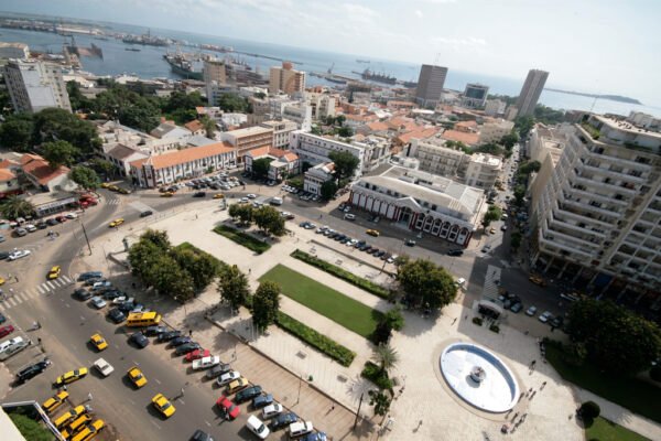 Independence Square in Dakar, Senegal, with the port and the island of Gorée in the background.