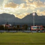 Newlands Cricket Ground in Cape Town, with Table Mountain behind the stands.