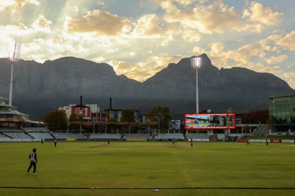 Newlands Cricket Ground in Cape Town, with Table Mountain behind the stands.