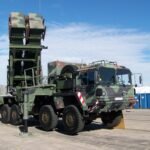 A Patriot air defence missile launcher on display.