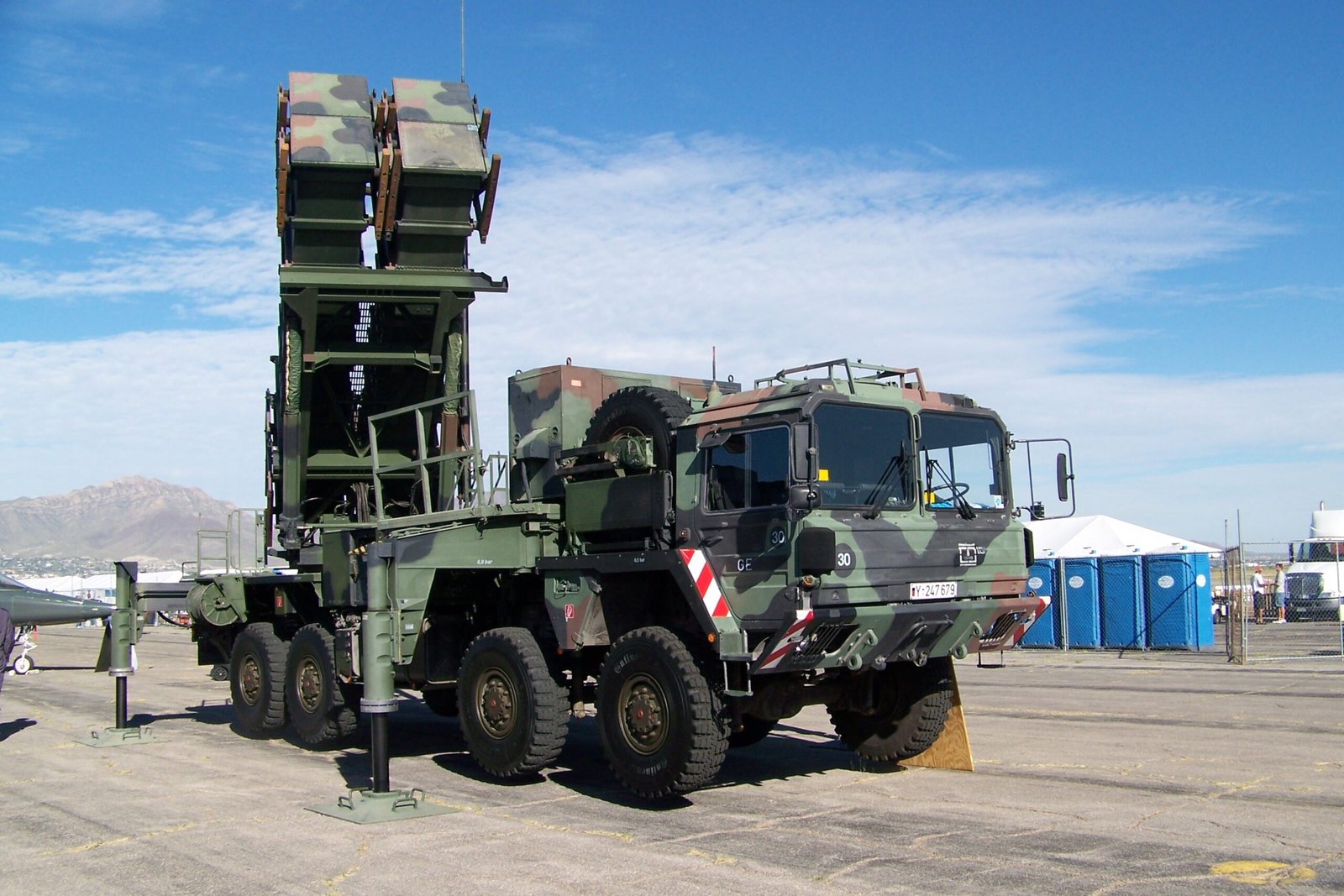A Patriot air defence missile launcher on display.