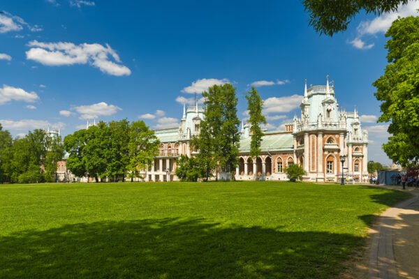 The Grand Palace at the Tsaritsyno Museum Reserve in Moscow, a red-brick palace with white stone detailing.