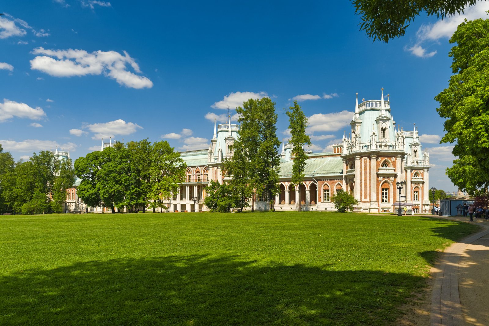 The Grand Palace at the Tsaritsyno Museum Reserve in Moscow, a red-brick palace with white stone detailing.