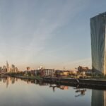 The European Central Bank headquarters and the Frankfurt skyline at dawn
