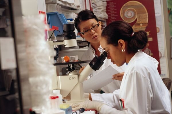 A researcher looking through a microscope in a laboratory