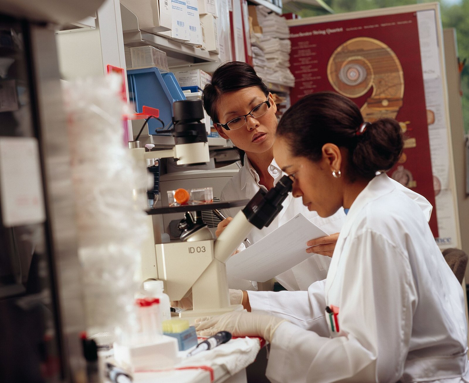 A researcher looking through a microscope in a laboratory